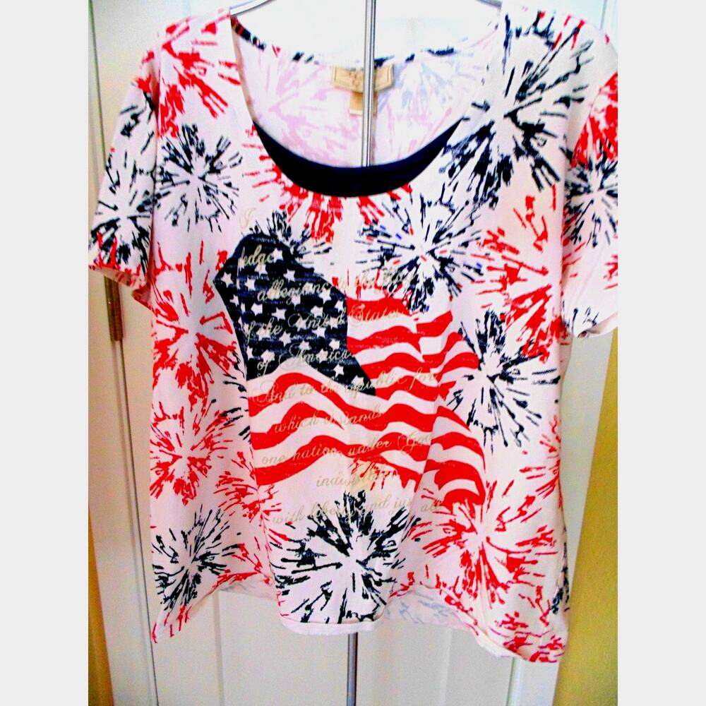 July 4th Fireworks Flag RWB Print Embellished Womens XL Cotton Crewneck Shirt
